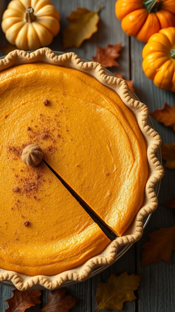 A slice of pumpkin pie with creamy filling and cinnamon, surrounded by pumpkins and autumn leaves.